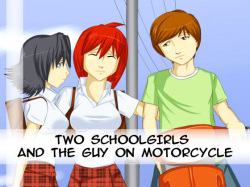 Two schoolgirls and the guy on motorcycle